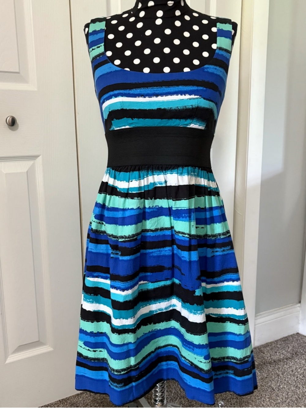 Striped Blue & Teal Sleeveless Fit-and-Flare Dress